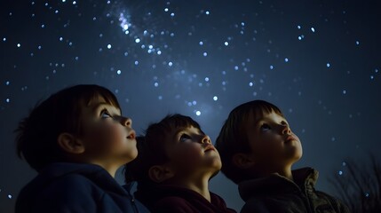 Wall Mural - children gazing up at the vast night sky their faces illuminated by distant stars.