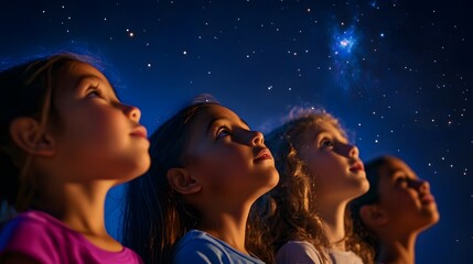 Wall Mural - children gazing up at the vast night sky their faces illuminated by distant stars.