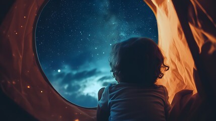 Wall Mural - children in a backyard fort peeking out through an opening gazing at the vast starry sky above.