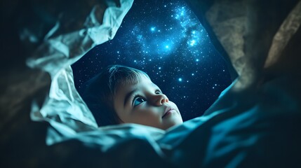 Wall Mural - children in a backyard fort peeking out through an opening gazing at the vast starry sky above.