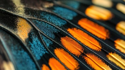 Sticker - Close-up of a butterfly wing with vibrant orange, blue, and black patterns.