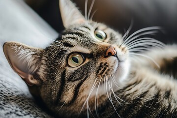 Close up portrait of a tabby cat with green eyes looking up