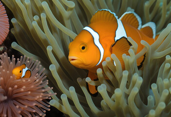 Symbiotic relationship close-up with clownfish and coral reef