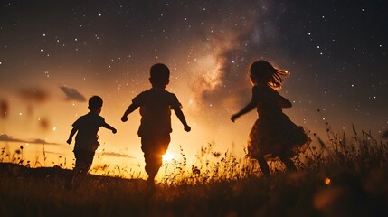 Wall Mural - children running across a meadow under a starry sky their faces full of excitement and wonder.