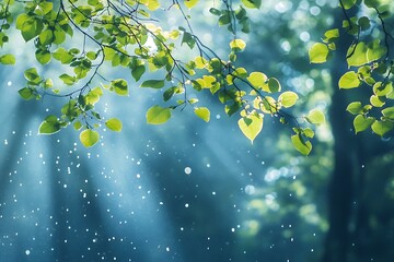 Sticker - Sunlight shining through green leaves with rain drops falling in the forest. Concept of spring, nature, growth, and tranquility