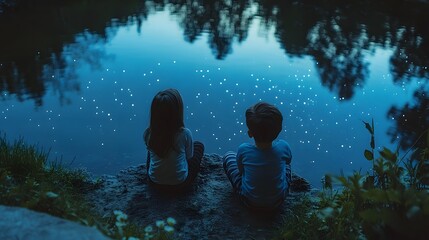 Wall Mural - children sitting by a pond looking at the reflection of the starry sky on the waters surface.