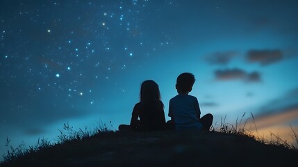 Wall Mural - children sitting on a hilltop marveling at the stars and talking about space and galaxies.