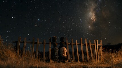 Wall Mural - children sitting on an old wooden fence gazing at the stars and whispering excitedly about space.