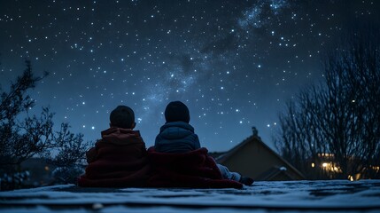 Wall Mural - kids bundled in blankets on a rooftop stargazing with wide-eyed wonder at the vast universe above.