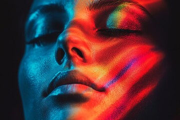 Sticker - Closeup of a woman's face with colorful neon lights, abstract beauty concept