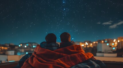 Wall Mural - kids bundled in blankets on a rooftop stargazing with wide-eyed wonder at the vast universe above.