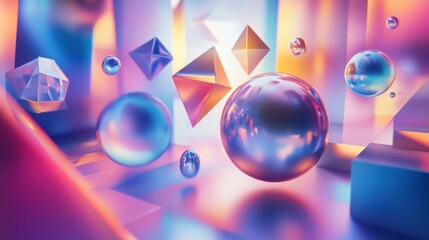 Wall Mural - Abstract 3D Shapes in Motion- Various three-dimensional geometric shapes such as spheres, cubes, and pyramids appear to be floating in space