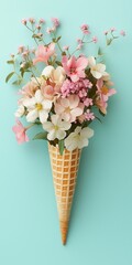 Canvas Print - beautiful arrangement of spring flowers in a cone isolated on pastel background