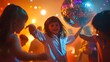 © Margarete - Kids dancing under a disco ball at a birthday party with bright lights and music creating a lively atmosphere.