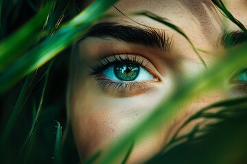 Canvas Print - Closeup of woman's green eye looking through blades of grass, mysterious and alluring, nature theme