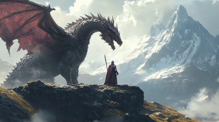 Canvas Print - A lone knight confronts a massive black dragon in a mountainous landscape.