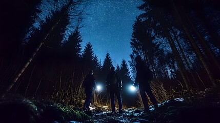 Wall Mural - kids exploring a forest at night using flashlights to illuminate the path while glancing up at the s