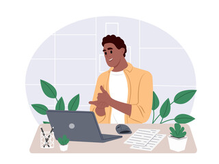 Freelancer working remotely using laptop for work. A man sits at a desk at a comfortable workplace. Flat graphic vector illustrations isolated on white background