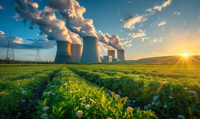 Nuclear power plant and scenic landscape with green fields and blue sky