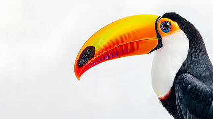 A brilliant toucan with its large colorful beak on a white background with copy space, poised and still