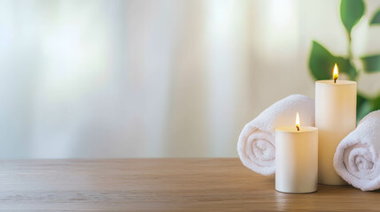 Detoxifying face mask and meditation candles on a wooden spa table, soft background light