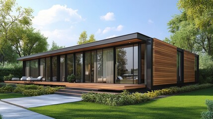 Modern home exterior featuring wooden deck and large glass windows in a suburban setting