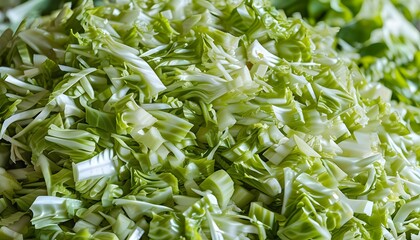 Vibrant close-up of freshly shredded cabbage highlighting crisp texture and delicate strands, perfect for healthy salads and nutritious meals