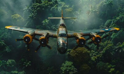 an airplane with two engines, flying around the jungle.