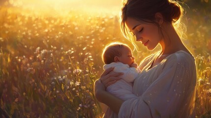 Sticker - A Mother Holding Her Sleeping Baby in a Field of Flowers at Sunset