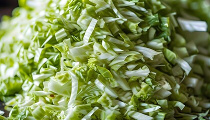 Vibrant close-up of freshly shredded cabbage highlighting crisp texture and delicate strands, perfect for healthy salads and nutritious meals