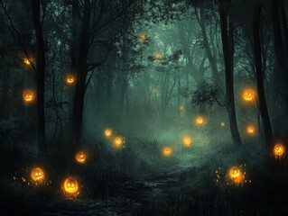 Wall Mural - Jack-o'-Lanterns Glowing in a Foggy Forest