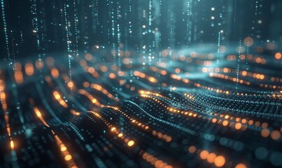 Digital binary code streaming on dark background, data transfer
