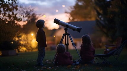 Wall Mural - kids gathered in a backyard with a small telescope discussing the planets visible above.