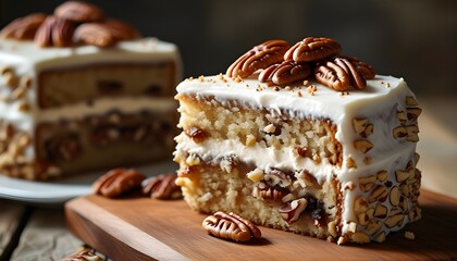 Decadent three-layer cake adorned with white frosting and pecan nuts, set on a rustic wooden plate, embodying the essence of celebration and indulgence.