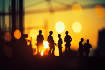 Silhouette of engineer and construction team collaborating on site with blurred industry background