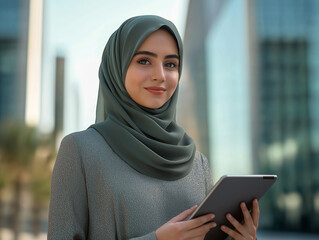 An arabic woman with hijab using a tablet pc in outdoors