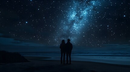 Wall Mural - siblings standing together on a quiet beach at night mesmerized by the vast sky full of stars.