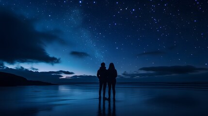 Wall Mural - siblings standing together on a quiet beach at night mesmerized by the vast sky full of stars.
