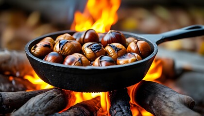 Roasted chestnuts in a cast iron pan over a blazing fire, capturing the warmth, comfort, and traditional flavors of autumn