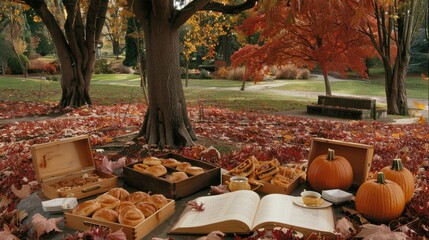 Wall Mural - an autumn picnic setup with pumpkins, honey buns 