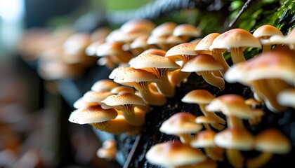 Wall Mural - Neatly Arranged Rows of Fresh Edible Mushrooms in a Controlled Environment