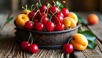 Vibrant display of fresh red cherries and ripe yellow apricots on rustic wooden table, showcasing summers bounty with rich colors and natural textures