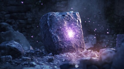 Poster - Glowing Purple Energy Within a Rock in a Dark, Mystical Setting