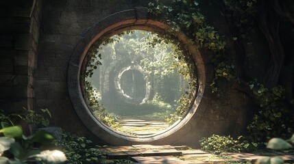 Round stone portal gate in the forest, an abandoned temple. Path made of stones in the forest, gateway in jungle