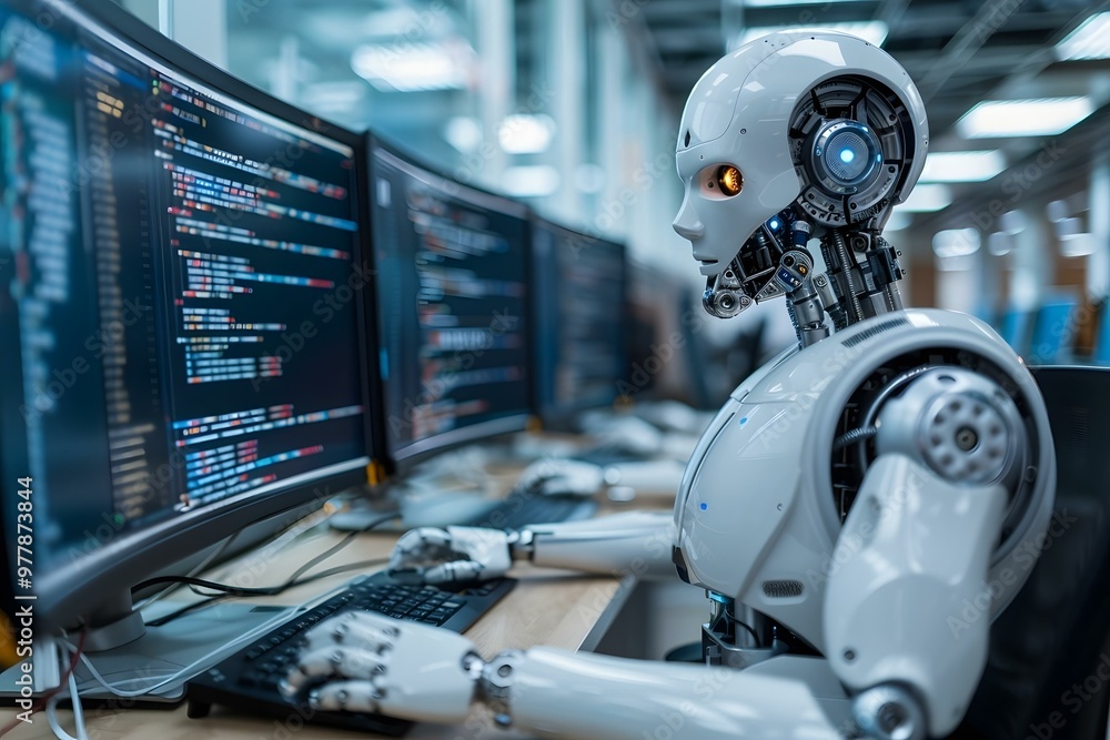 Humanoid robot writing program code on computer in office, home, ai ...