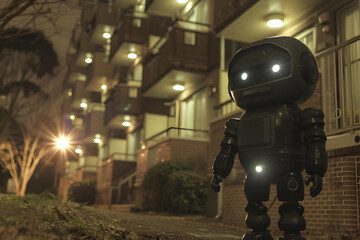 Wall Mural - Humanoid Robot Walking Building Perimeter With Flashlight At Night.