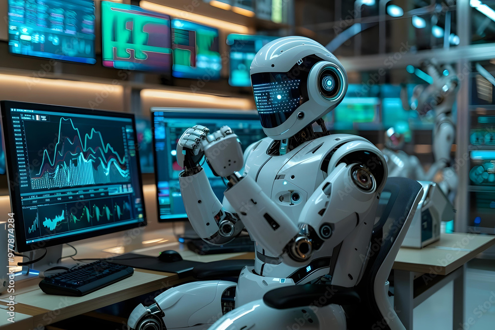 Humanoid robot with good performance graph sitting at his desk with ...