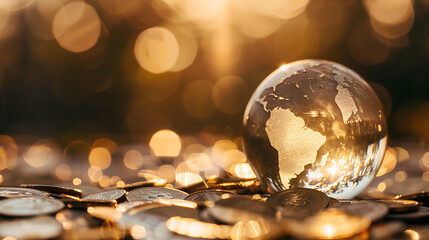 Wall Mural - a transparent globe resting on a surface covered with numerous coins