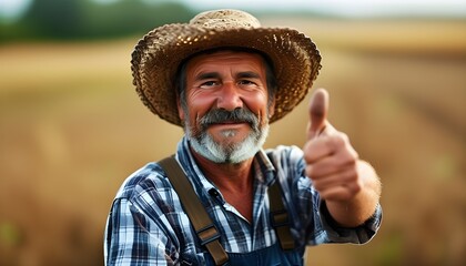 Canvas Print - Confident farmer celebrating success with thumbs up in a flourishing field