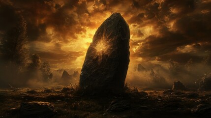 Canvas Print - A Single Standing Stone With A Glowing Core In A Misty Meadow At Sunrise